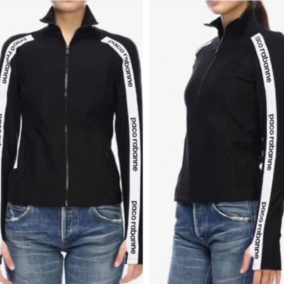 PACO RABANNE Pumpkin Orange Black Logo Stretch Track Jacket S $450 - Picture 2 of 5